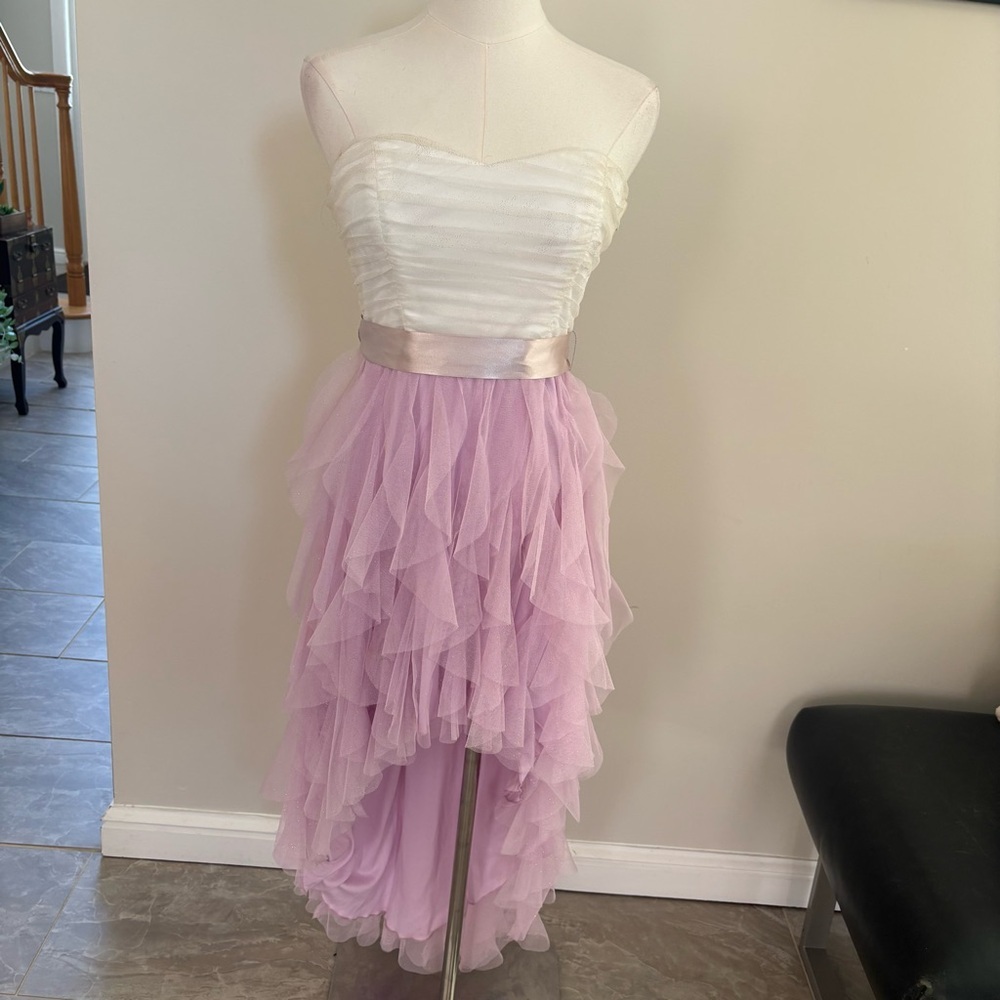 DEB Y2K Strapless Shimmer Hi Low Tulle Ruffle Dress Sz 5 Pink Fairy Coquette